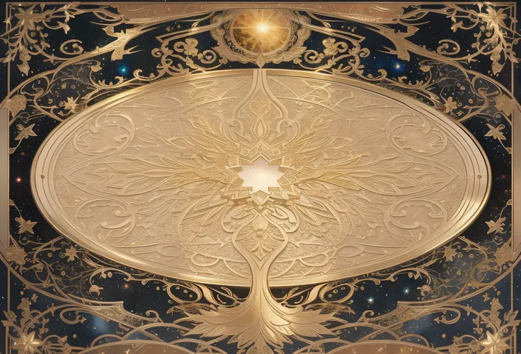 There is a gold plaque with a tree on it, baroque marble and gold in space, ornate galactic gold, ornate gilded cosmic machine, Sam Guay, pintura barroca. sky illuminated by stars, Tiago Jephonse Mucha, intrincado ouro linework, arte detalhada da capa, Art...