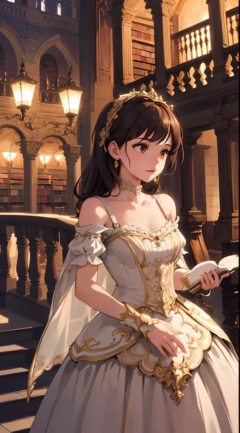 1 girl, upper body, single focus, enchanting beauty, Belle-inspired gown, bookish charm, (Beasts enchanted castle: 1.4), (enchanted library: 1.3), warm complexion, literary aura, [depth of field, ambient lighting, enchanting library foreground, majestic ca...