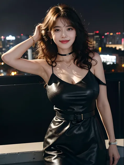 Best quality at best，tmasterpiece，1 smile girl，messy  hair，curly_Hair，（dark V dress），big breast，Wrist watch，choker necklace，view over city，8K original photos，超高分辨率，highest details，复杂,Cinematic lighting effects，Medium shot,