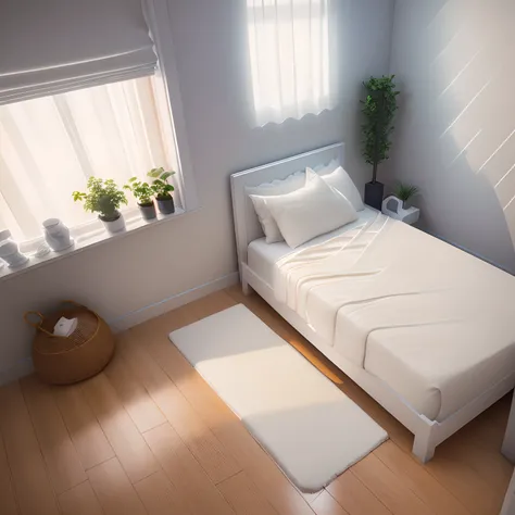 Isometric room,Plain white background, best quality, ((low polygon)),(extremely detailed CG unity 8k wallpaper), (best quality), (best illustration), (best shadow),((Bedroom)), cream style,Pastel tones, light curtains, carpets,wardrobe,cotton and linen she...