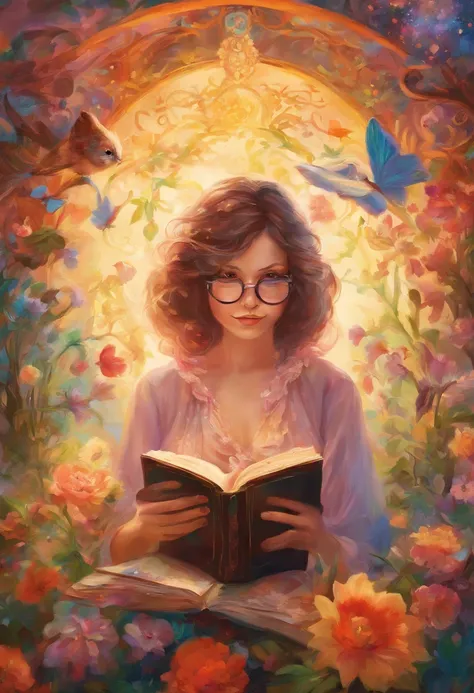 Quality first,masterpiece in detail,Middle-aged woman wearing glasses,Be a teacher,sportrait,closeup cleavage,and five cute kids reading a book,in class room,fresh flowers,Rich in color