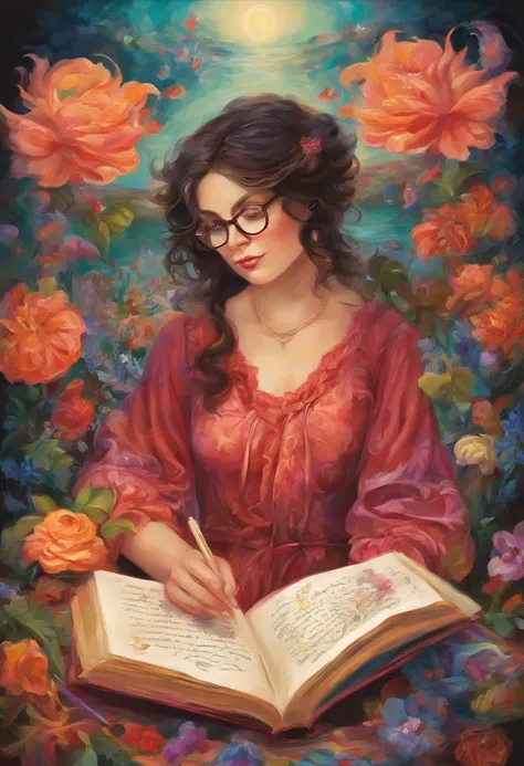 Quality first,masterpiece in detail,Middle-aged woman wearing glasses,Be a teacher,sportrait,closeup cleavage,and five cute kids reading a book,in class room,fresh flowers,Rich in color