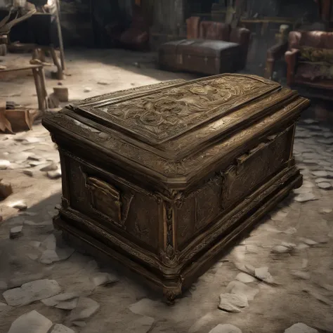 A coffin，Synthesized from bronze and crystal，Mystery，Deep underground，Secure storage，4K，Enchanting secrets，Enigmatic Atmosphere，Spooky breath，（Nobody 1.6），plethora of colors，high saturated，4K，down view，Look down from above