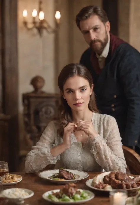 a woman standing with a plate with meat in her hand, behind her is her family sitting at a large table the background image of the family is blurry the woman is facing and when her family is at the back of the image, great quality perfection in extraordina...