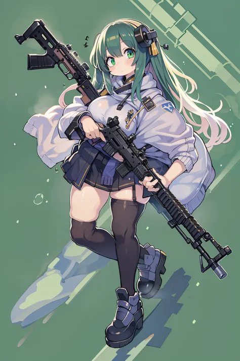 (((Huge assault rifle)))、Long sideburns、Anime-style girl with beautiful whole body, Little Girl,clean detailed faces, ciber,analogous colors, Glowing shadows, beautiful gradients, depth of fields, CLEAN IMAGE, High quality,Black Parker Closing、 high detail...