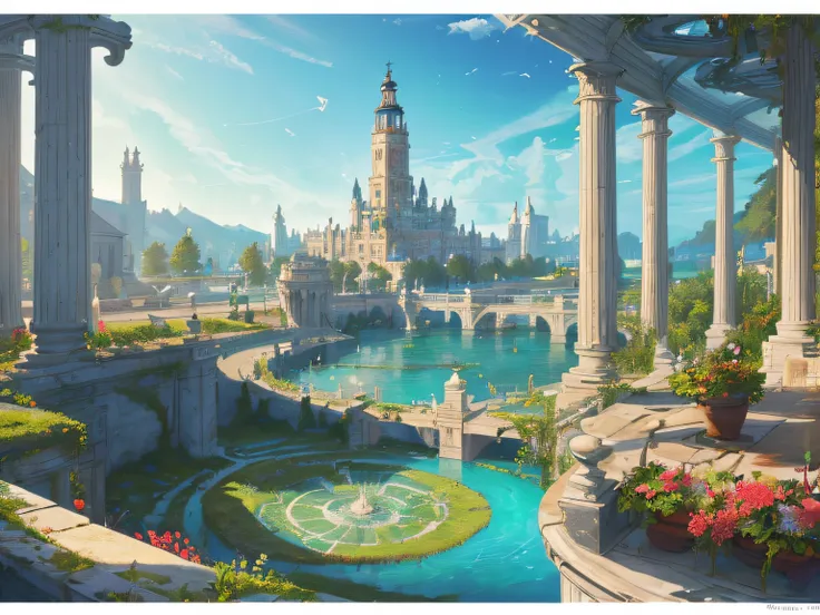 uma cor (fantasia: 1.2), (Early 19th century style), (((Spiral tower on columns over water))), (((Water Spiral Tower))), (Navios), (Industrial Revolution), vegetation, trabalho, Arcos, coluna, grandeza, vegetation, Lanternas, Chuva, floral decorations, Luz...