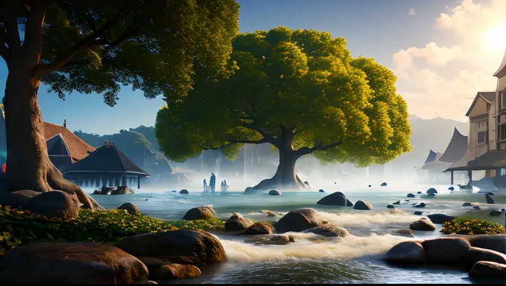 masterpiece, best quality, high quality, extremely detailed CG unity 8k wallpaper, a hyperrealistic colossal cyan raintree, in a futuristic prehistoric village, splashing water, sandy debris, lens flares, sunshaft, fluffy clouds, Hyperdetailed, HDR, bloom,...