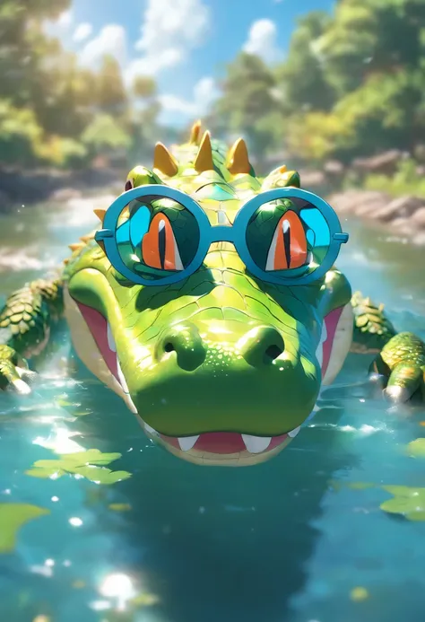 aligator on a river using sunglasses. very detailed, and colorfull