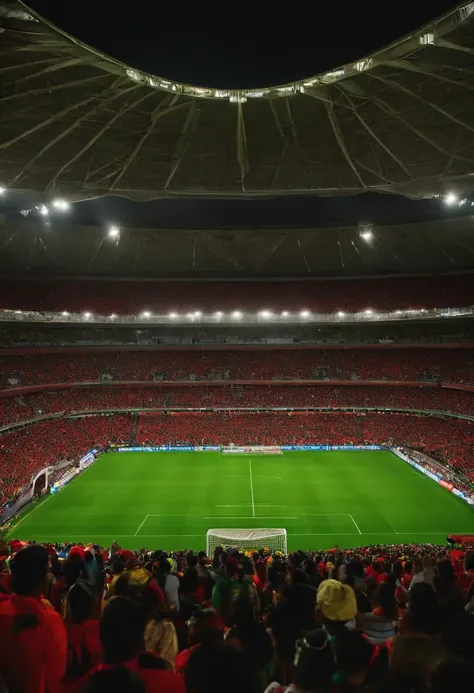 There is a football field with a large crowd of people watching, the stadium has a full crowd, inflatable balloons in the hands with the colors red, preto e verde em segundo plano, arquibancadas lotadas, atmosfera alegria, the crowd is cheering, stadium fu...