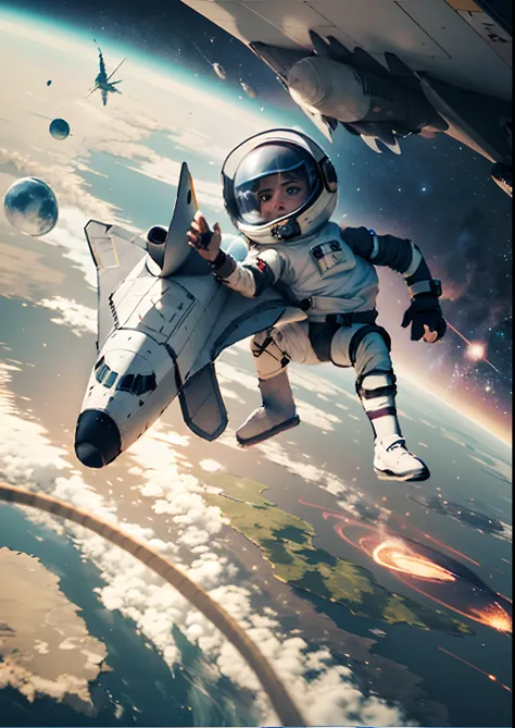 masterpiece, high quality images, high detailed images, children's drawing of a man in a space suit flying through space, a cabl...