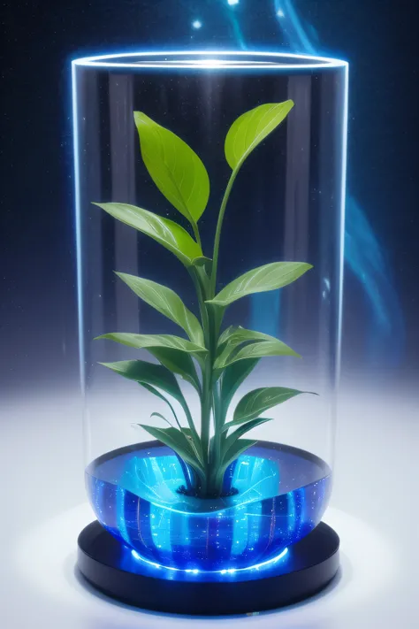 detailed hologram, realistic, blue, glowing outline in the shape of a plant, glass space chamber, deep space