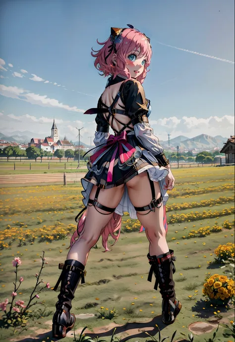 Arafed mujer con un vestido a cuadros y botas posando en un campo, pink body harness, tumblr, Amouranth, Arneses y ligas, En el campo cyberpunk, vaquera, Traje sexy, cuerpo rosado, Concepto de Photoset, laced lingerie, harness, postprocesado), 2 b, Black l...