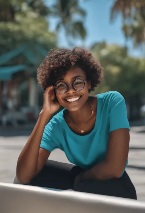 1girl, rounded glasses, big glasses, smiling, looking at the camera, short messy hair, dark-skinned, rounded eyes, cyan blue shirt, black shorts, close up, magazine shot, dynamic pose