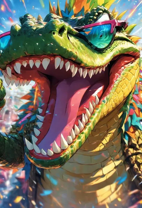 an aligator, using sun glasses, happy, very detailled, colorfull, sharp teeth, thumbs up