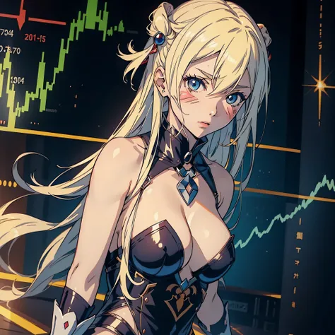 Anime Waifu mit riesigen Titten, die zusehen, how the stock market crashes, (Erschrockenes Gesicht:1.4)