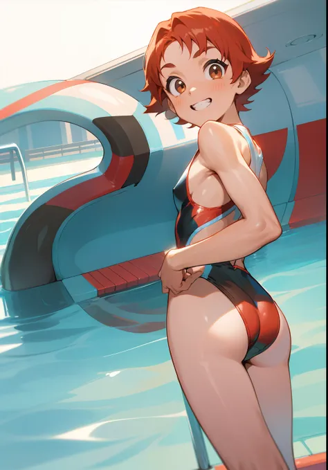 Anime boy in swimsuit standing in pool, gender change, gender change(Girls to boys), High-cut swimwear, U-back swimsuit, rating:safe, solo, smile, Boy with short red hair, Boy standing by the pool, grin, looking_at_viewer, Show your ass, , Cool boy in blac...