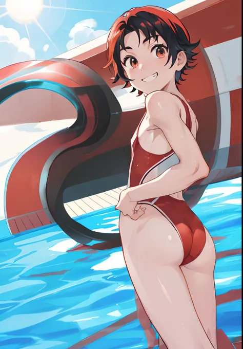 Anime boy in swimsuit standing in pool, gender change, gender change(Girls to boys), High-cut swimwear, U-back swimsuit, rating:safe, solo, smile, Boy with short red hair, Boy standing by the pool, grin, looking_at_viewer, Show your ass, , Cool boy in blac...