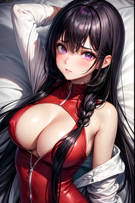 1girl, very long black hair, bangs between eyes, purple eyes, red tracksuit with white stripes, medium breasts, transparent clothes, absurdres, high res, ultrasharp, looking at viewer (masterpiece), expressive eyes, perfect face, lying on bed, lying on bac...