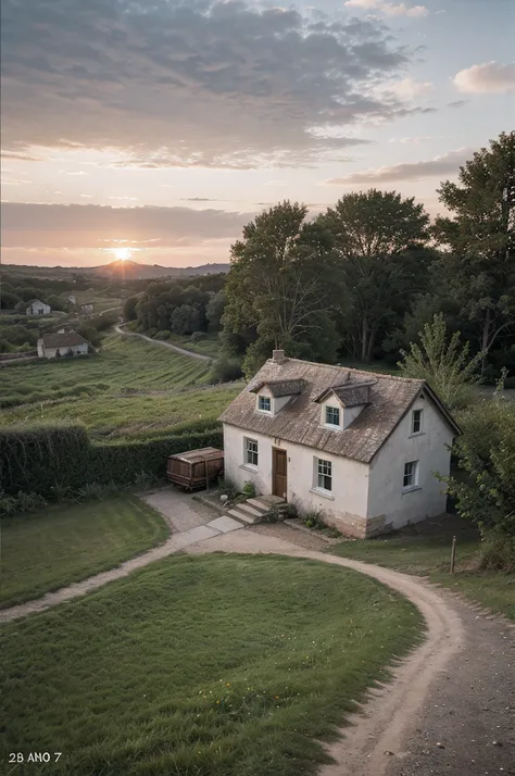 (retouched:1.6), photo of house in lonely village (on hill), on an island, sunset