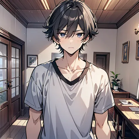 Around 18 years old, young anime man，Short black hair 1.5，Wear a plain white shirt，Standing at the dining table in the room with an indifferent expression（Half squinted 1.5）（The background is in the room in the village：1.5），Anime style 4K，Anime rendering，s...