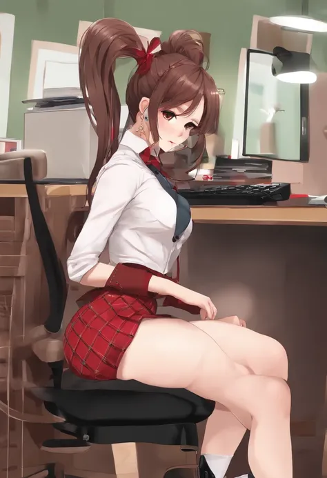 Chic ass, (Grab the ass:1.6), sitting on chair in front of desk, Check out us, Pink G string, Detailed thick G-line, (Long socks), double tails, Black and red high school girls uniform, crass room, Check out us, Soft smile, Skirt, Random hair color, Smug f...