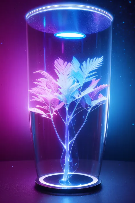 blue hologram, realistic, blue, glowing outline in the shape of a plant, glass space chamber, deep space, pink and purple cosmic winds, intricate detail, best quality, masterpiece