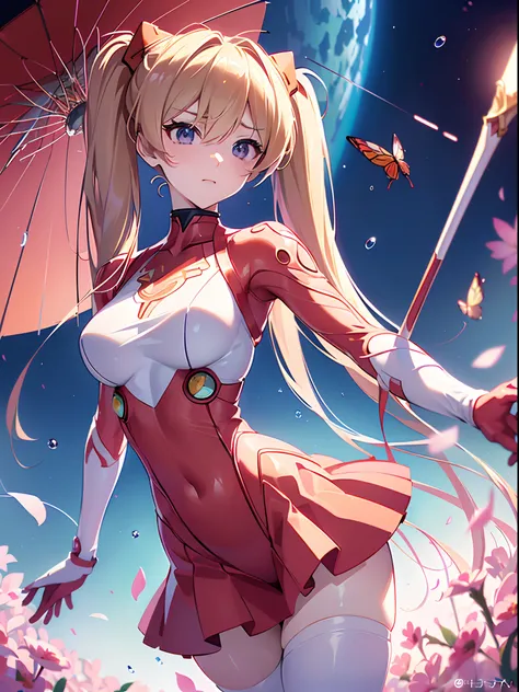 ((souryuu asuka langley,headgear,pink sundress,smooth thighs,Blonde,side twintails)),(Glowing eyes:1.233), diffuse reflection, high-profile, majestic,(sexy posture,evil smile,blushing,adorable face,bishoujo,kawaii,)(Beautiful and detailed eyes:1.3),1girl,S...