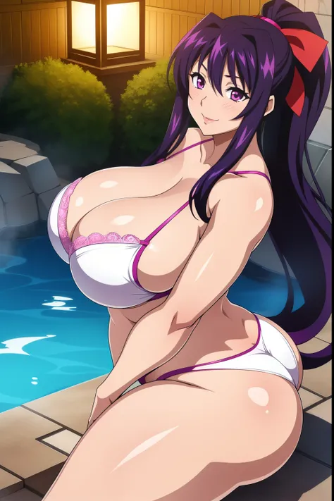 Highschool dxd, Akeno Himejima, 1girl, ((bimbo))), long purple hair, puffy lips, painted lips, thick lips, thick, wide hips, thick thighs, , huge ass, bubble butt, erotic smile face, shiny skin, hot spring, enormous natural Hitomi Tanaka breasts, white pan...