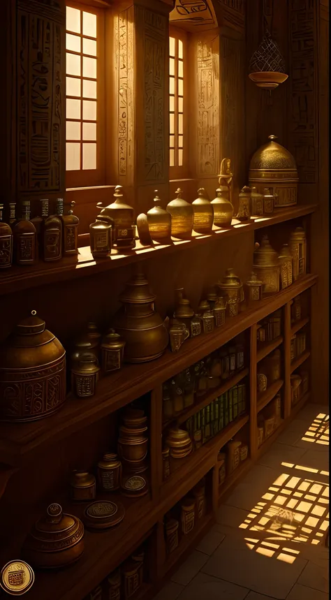 ancient Egyptian apothecary,illustration,ultra-detailed,realistic,ancient Egypt,apothecary,traditional medicine,essential oils,herbs,ancient tools,egyptian papyrus recipe,hieroglyphics,antique pharmacy,vivid colors,natural remedies,pungent aroma,calm demea...