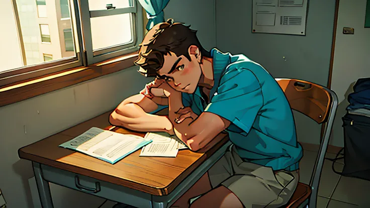 teenage boy, at study table, room, thinking, calculating,looking at the window