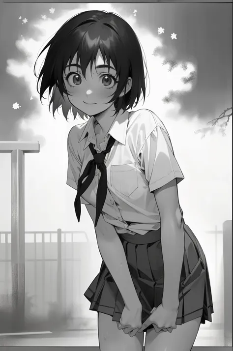 masterpiece, 1 schoolgirl, solo,  pov, ayase fuuka, school uniform, blouse, pleated skirt, ribbon, mini skirt, front view, bust shot, dynamic pose, cowboy shot, (nsfw), smile,  greyscale, monochrome, halftone, drawing, manga, otoyomegatari, face focus, sch...