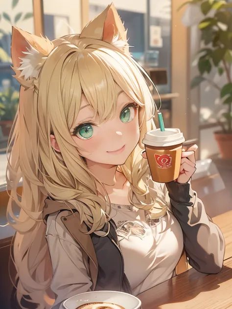 a girl., Green-eyed blonde, long-haired, cat ears girl, Dawn Hair, Cute Smiling Girl, age is 18 years old, Wear casual clothing. , Sip coffee, In a café, Perfect breast size., red cheeks, evening