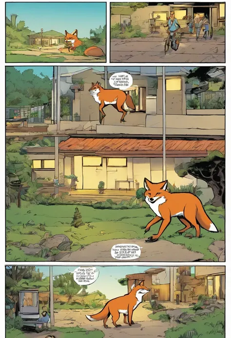 Quadrinhos americanos, The comic is presented in several irregular panels with colors. The short-haired American fox struggles as it runs away from home and then reunites with its owner. The style is exaggerated and detailed