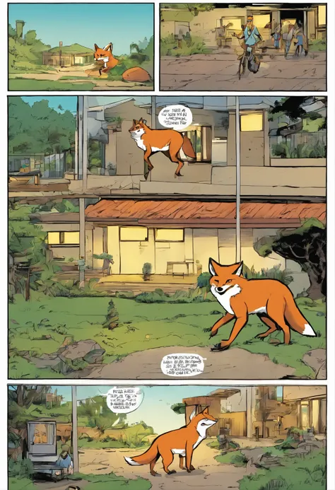 Quadrinhos americanos, The comic is presented in several irregular panels with colors. The short-haired American fox struggles as it runs away from home and then reunites with its owner. The style is exaggerated and detailed