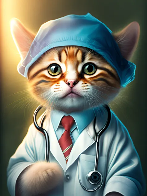 Portrait, cute cat cub wearing doctors scrubs with a stethoscope, low light, cheerful