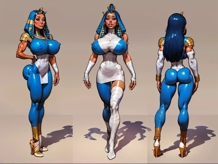 ((masterpiece)),(((best quality))),((character design sheet)), ((full body view)) ((mummy girl)) mature face, defined cheekbones, high cheekbones, illustration, bandaged all over body, muscular, ((bandaged:1.4)), sexy bimbo, (gigantic breasts:1.7) black ha...