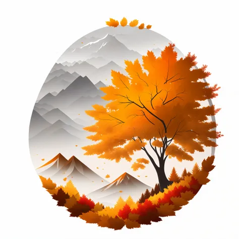 Maple tree in autumn landscape, golden mountain, fallen leaves, t-shirt design, rzminjourney, vector art, circular silhouette, white background