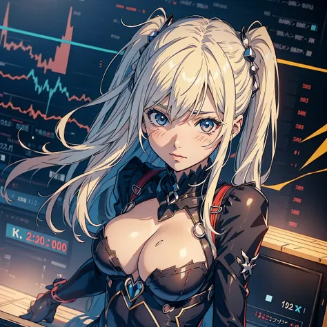 Anime Waifu mit riesigen Titten, die zusehen, how the stock market crashes, (Erschrockenes Gesicht:1.4)