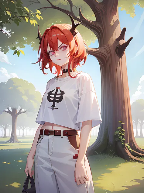 1girl, short red hair, red eye, angry face, wearing plain white t-shirt, village, tree, absurdres, high res, ultrasharp, 8k, masterpiece, looking at viewer, ai font on t-shirt