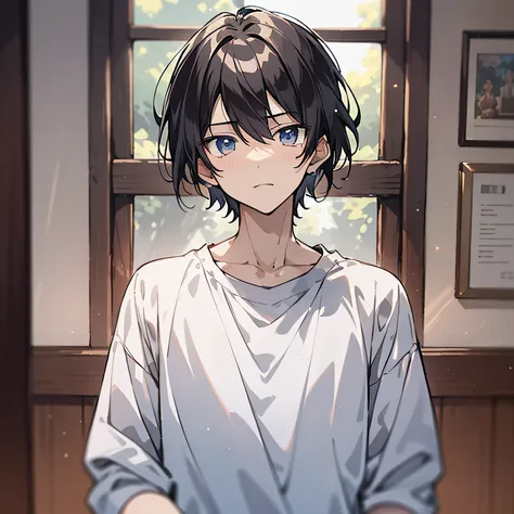 Around 18 years old, young anime man，Short black hair 1.5，Wear a plain white shirt，Standing in the room, his expression was serious（Half squinted 1.5）（The background is in the room in the village：1.5），Anime style 4K，Anime rendering，style of anime，8K finene...