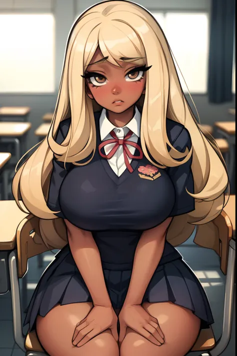 blonde, darkskin, gyaru, sad, huge breasts, school clothes, school uniform