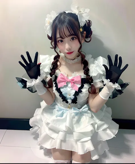 Woman in white satin dress posing for photo, angelic pretty, Belle Delphine, fairycore, kawaii decora rainbowcore, portrait of the magical Lolita girl, Lolita style, y 2 k cutecore clowncore, cutecore, Lolita Fashion, by Ayami Kojima, kinomoto sakura, Sati...