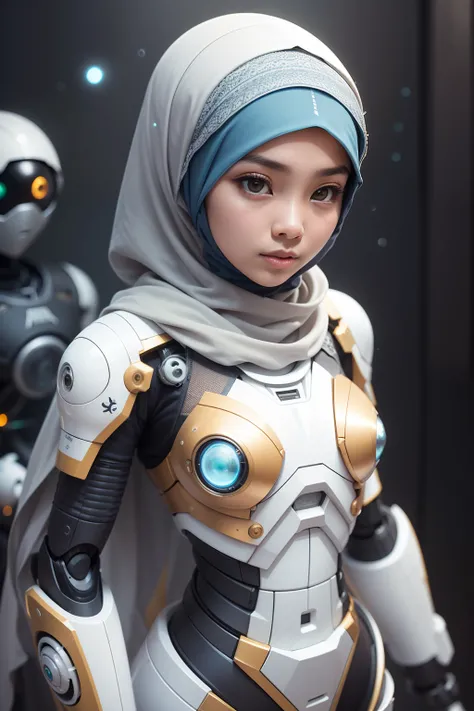 Photograph a Malay girl in hijab with a swarm of tiny robotic companions, illustrating the harmonious relationship between her and advanced technology