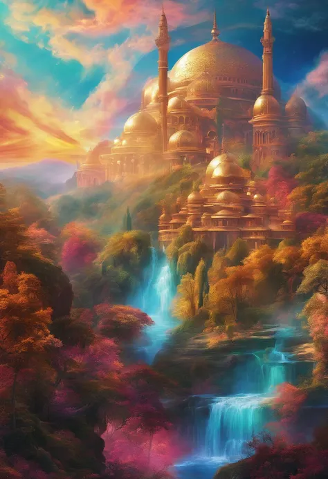 A futuristic scene of a mosque in distance its on top of a huge mountain, this scene look straight from heaven , with beautiful clouds and waterfalls and river flowing use golden ratio to make it look pleasing. make this ultra detailed colorful . 8k