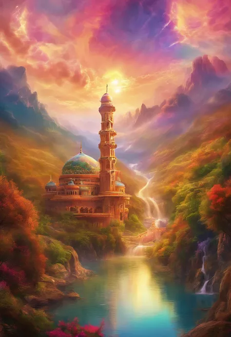 A futuristic scene of a mosque in distance its on top of a huge mountain, this scene look straight from heaven , with beautiful clouds and waterfalls and river flowing use golden ratio to make it look pleasing. make this ultra detailed colorful . 8k