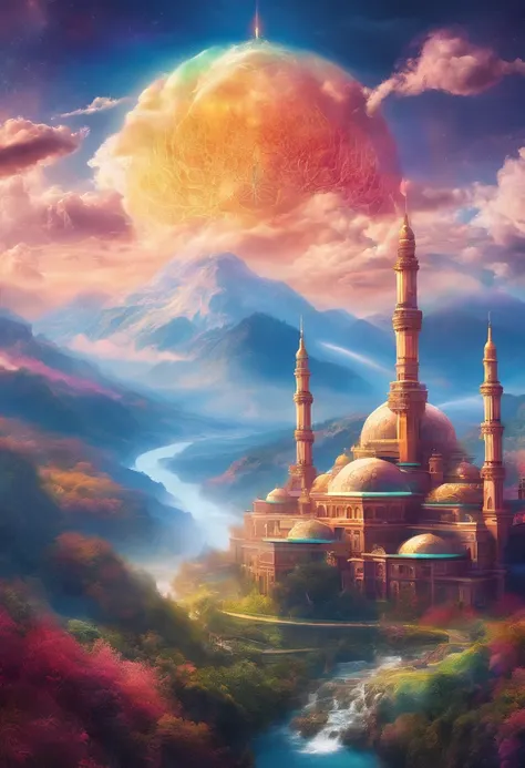 A futuristic scene of a mosque in distance its on top of a huge mountain, this scene look straight from heaven , with beautiful clouds and waterfalls and river flowing use golden ratio to make it look pleasing. make this ultra detailed colorful . 8k