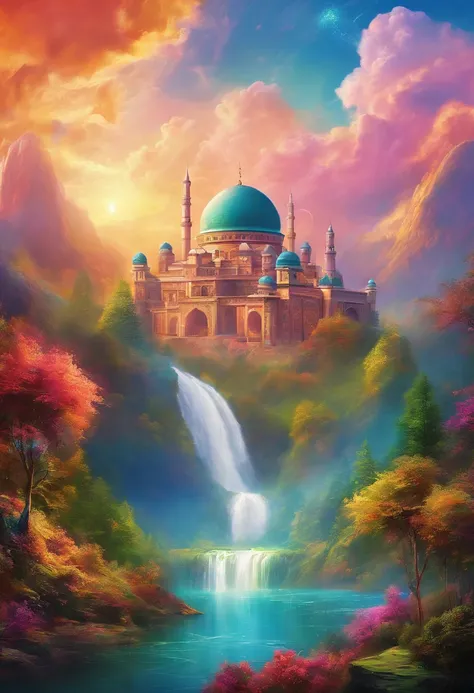 A futuristic scene of a mosque in distance its on top of a huge mountain, this scene look straight from heaven , with beautiful clouds and waterfalls and river flowing use golden ratio to make it look pleasing. make this ultra detailed colorful . 8k