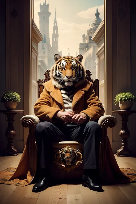 Design an extraordinary photo manipulation that features a fierce Malayan tiger dressed in a sharp suit, crowned as a king, seated regally on an ornate throne within a grand, otherworldly castle. Infuse an element of surrealism and fantasy into the artwork...