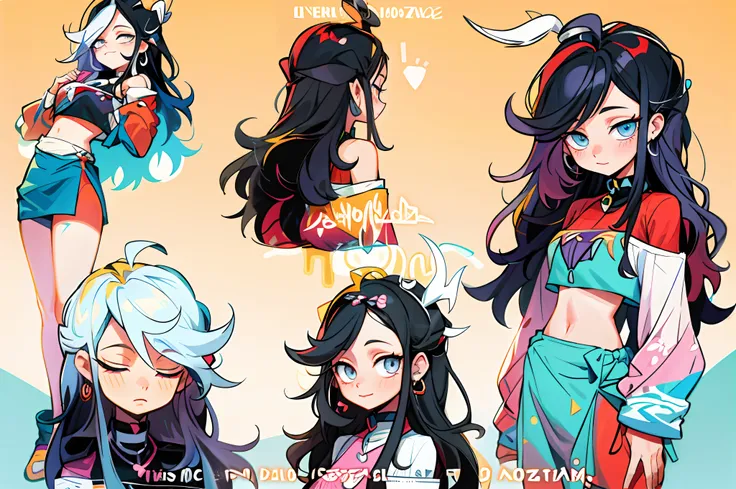 personagem de anime com poses diferentes de uma mulher com cabelo longo, estilo de arte bonito, 1024x1024, estilo anime plano, Nezuko-chan, [ design de personagens ], Nezuko, estilo de conjunto de anime, preto hime corte cabelo, projeto da menina chifres e...