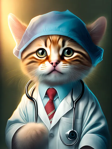 Portrait, cute cat cub wearing doctors scrubs with a stethoscope, low light, cheerful